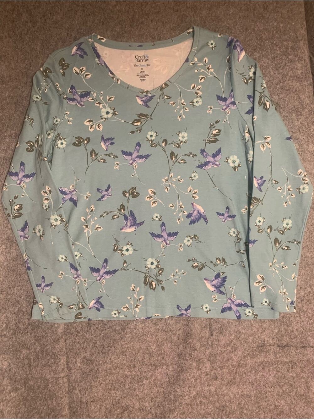 croft & barrow Sage Green Long Sleeve Top with Purple Bird Print